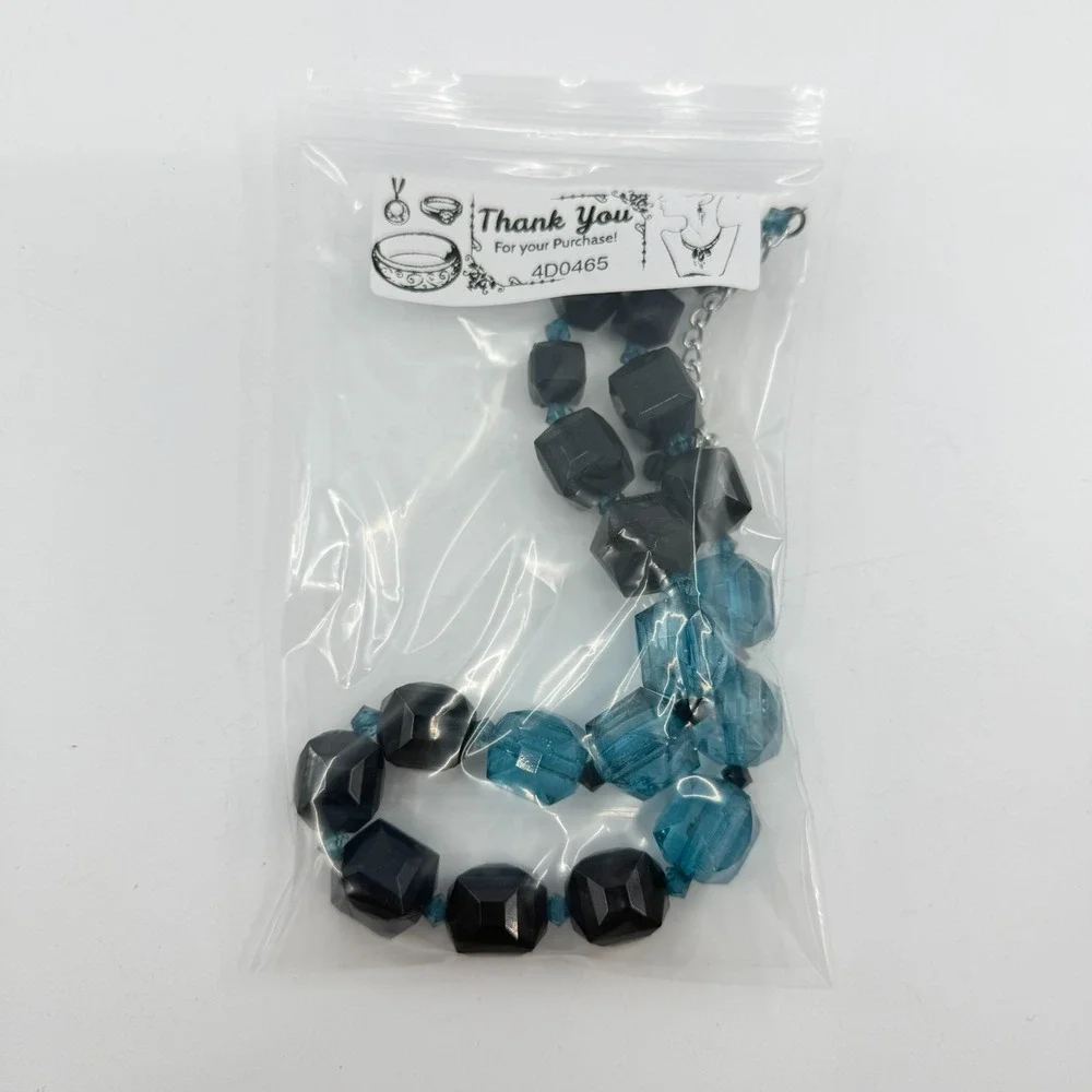 Black Aqua Blue Faceted Cube Bead Necklace Chunky Geometric Statement Jewelry